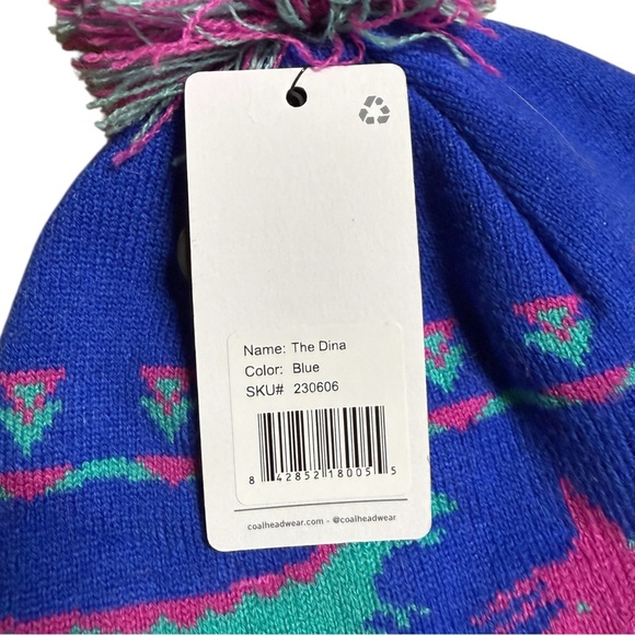 Coal Headwear Dina Beanie Hat Unisex Kids M Blue Dinosaur Graphic Pom - Picture 3 of 3